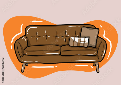 Living room interior brown sofa. Cartoon flat style illustration. Can be used as poster, for article,prints. Raster version.