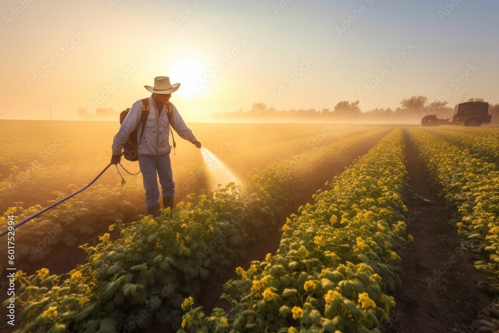 Fototapeta premium farmer using a Sprayer to apply pesticides and herbicides to a field of crops at morning summer sunlight. Generative AI
