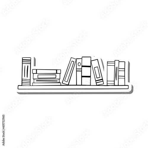 Doodle cartoon Books on Bookshelf. Hand drawn black line. Vector illustration.