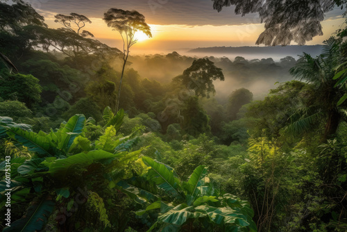 Beautiful sunrise in jungles with sunlight shining above the forest, Generative AI