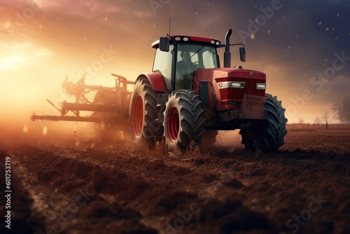 red tractor is plowing the field with a seeder against the blue sunny sky. Generative AI