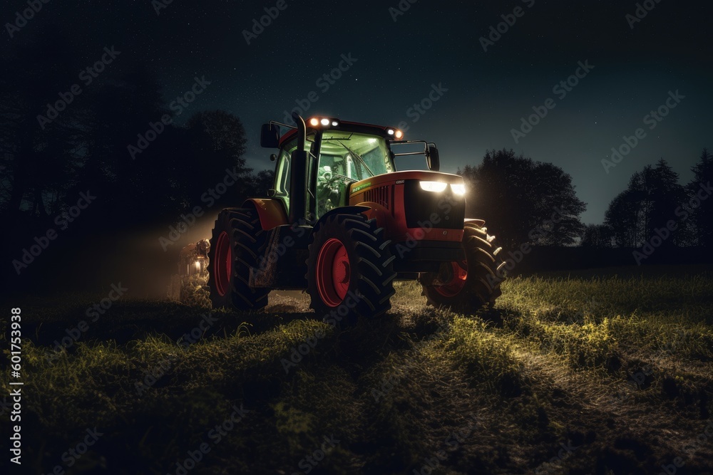 red tractor planting new crops during the night, with the machine's lights. Generative AI red tractor planting new crops during the night, with the machine's lights. Generative AI