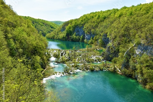 View of cascade waterfall at Milanovac lake at Plitvice lakes national park in in Lika-Senj county, Croatia