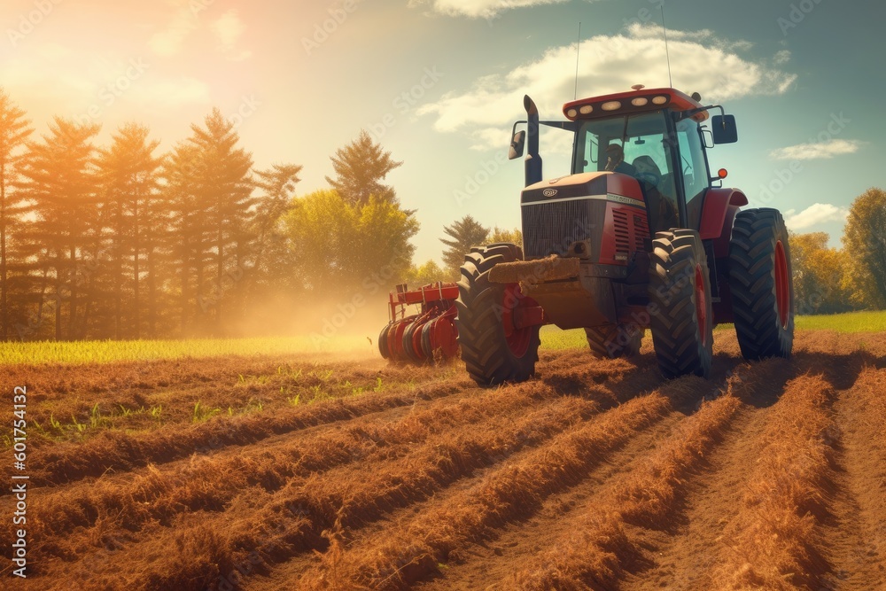red tractor planting new crops on the field. bright and sunny summer day. Generative AI red tractor planting new crops on the field. bright and sunny summer day. Generative AI