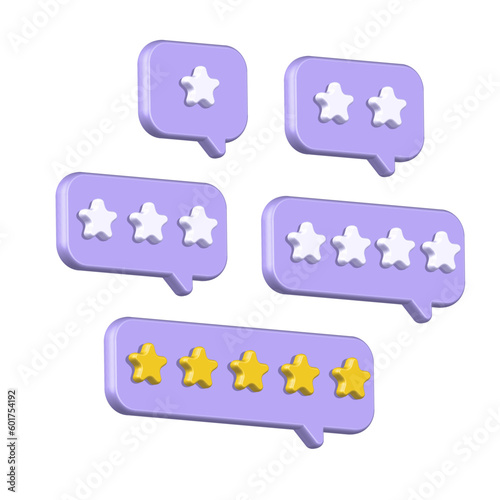 Set of 3d render style Speech bubbles with rating stars. Plastic icons of rank, feedback and opinion survey, service evaluation, comment of client satisfaction isolated on purple. Volume Illustration