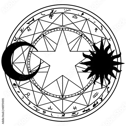 Fotografía magic circle sacred geometry Dream catchers and mysterious symbols Alchemical and spiritual symbols, stars, moon and sun