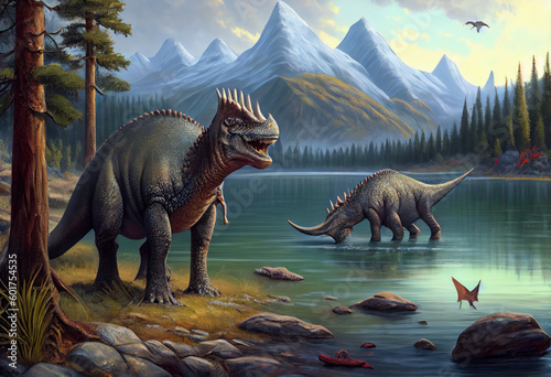Dinosaurs by a large lake. Generative AI. © Agustin