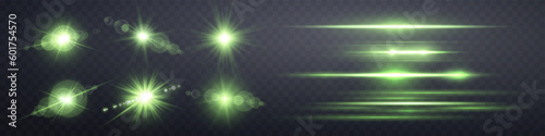 Green lens flares set. Isolated on transparent background. Sun flash with rays or spotlight and bokeh. Glow flare light effect. Vector illustration.