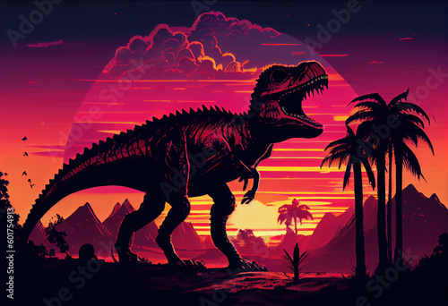 Isolated tyrannosaurus rex with warm flat color sunset. Generative AI. © Agustin