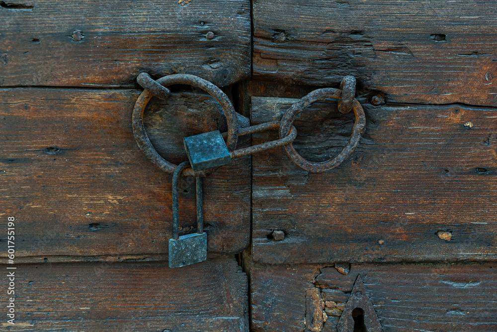 Close-up of an old wooden door closed with rusty metal rings and padlocks, Venice, Veneto, Italy