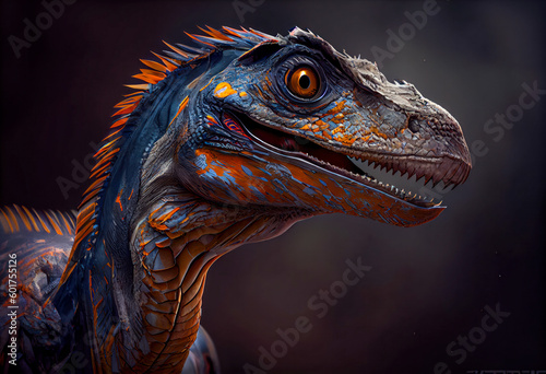 Portrait of a velociraptor dinosaur  with dark background. Generative AI.