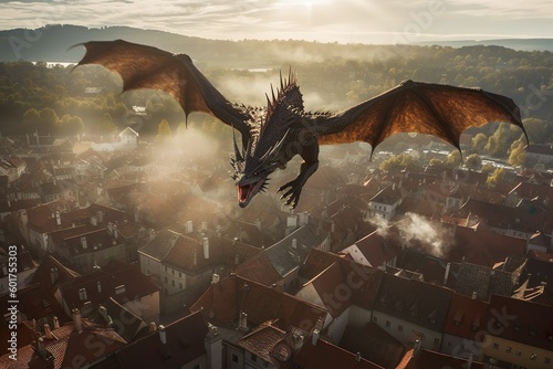 Flight of Fantasy  Majestic Dragon Soaring Over a Sunlit Medieval Cityscape  with Intricate Realism