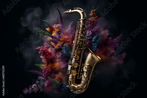 Innovative saxophone merges with florals and smoke in artistic abstraction. Generative AI