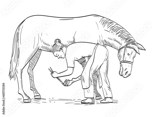 Comics style drawing or illustration of a female farrier placing horseshoe on the horse hoof viewed from the side on isolated background in black and white retro style.