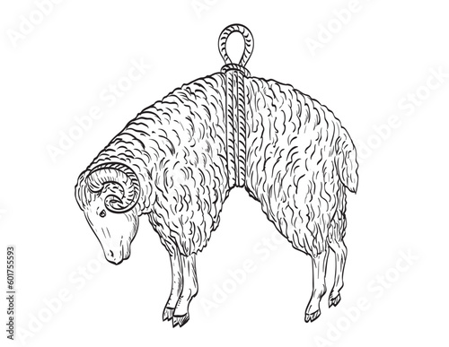 Comics style drawing or illustration of a ram sheep suspended in a rope ribbon which is a symbol of the Golden Fleece viewed from the side on isolated background in black and white retro style.
