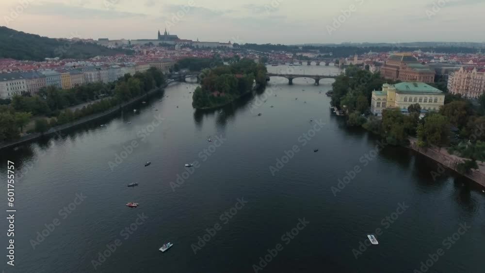 Aerial Drone View Prague Vltava River with Rowboats and Castle at Sunset Aerial Drone View Prague Vltava River with Rowboats and Castle at Sunset