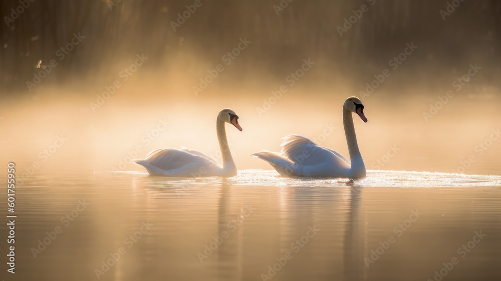 Fototapeta premium Swan couple on a lake in morning light