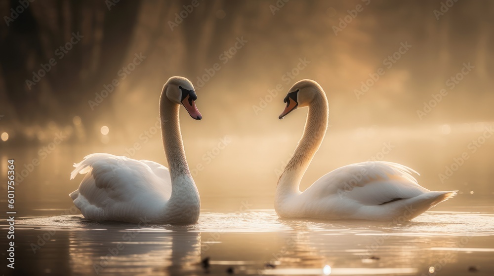 Swan couple on a lake in morning light Swan couple on a lake in morning light