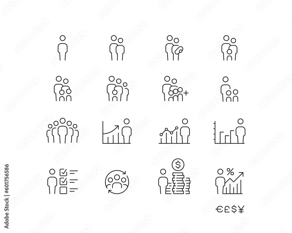 Population, Demographics Icon collection with 16 editable stroke icons. Perfect for logos, stats and infographics. Edit the thickness of the line in Adobe Illustrator (or any vector capable app). - obrazy, fototapety, plakaty 