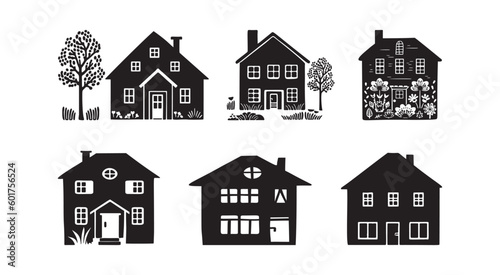 Set of rustic cottage motif in homestead vintage style. Vector illustration of whimsical rural country house. 
