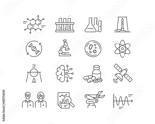 Science Icon collection containing 16 editable stroke icons. Perfect for logos, stats and infographics. Edit the thickness of the line in Adobe Illustrator (or any vector capable app).