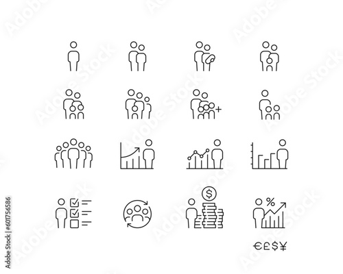 Population, Demographics Icon collection with 16 editable stroke icons. Perfect for logos, stats and infographics. Edit the thickness of the line in Adobe Illustrator (or any vector capable app).