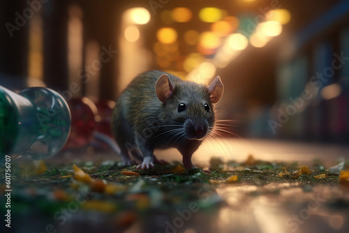 Street grey dirty mouse rat eat walks through the rubbish garbage bags on the unclean street highway in the city. Pollution and sustainable environment concept. Generative AI Technology