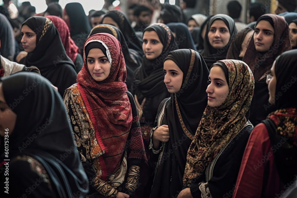 Generative AI illustration of group of young positive Muslim women in traditional hijab attending religious function and looking away while standing together against blurred background of men outdoors Generative AI illustration of group of young positive Muslim women in traditional hijab attending religious function and looking away while standing together against blurred background of men outdoors