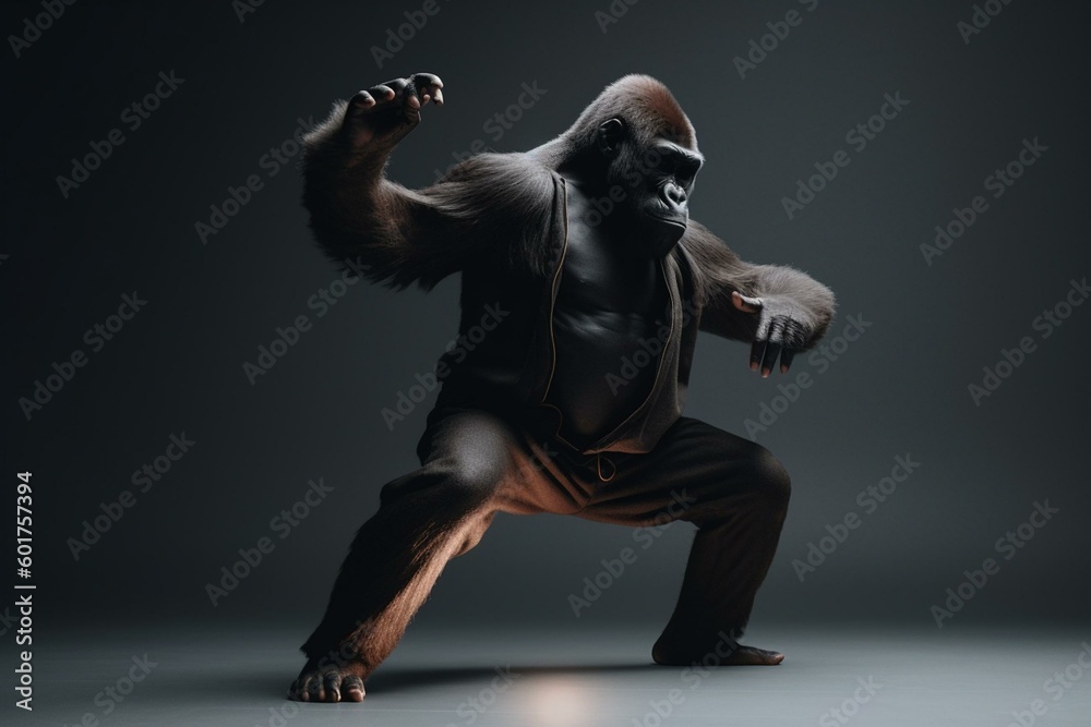 A gorilla performing hip hop dance moves. Generative AI