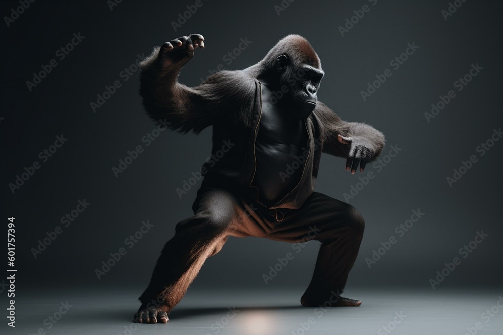 A gorilla performing hip hop dance moves. Generative AI A gorilla performing hip hop dance moves. Generative AI