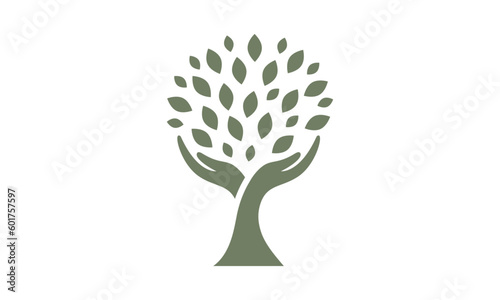 Human hands and tree with green leaves. Logo, symbol, icon, illustration, vector, template, design	