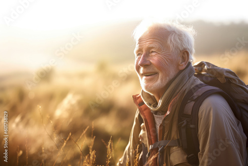 Generative AI image of portrait of smiling senior male explorer with gray hair and backpack standing and looking away while admiring countryside in bright sunlight against blurred landscape