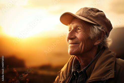 Generative AI image of portrait of side view of smiling elderly male with gray hair looking away while admiring amazing sunset sky against blurred landscape