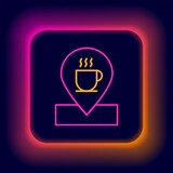 Glowing neon line Location with coffee cup icon isolated on black background. Colorful outline concept. Vector