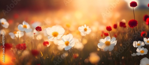 Field of wildflowers at sunset closeup image. Countryside meadow panorama with red and white chamomile flowers. Beautiful blurred scene, meadow with a carpet of flowers. AI generated Generative AI