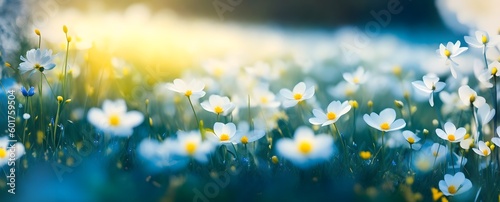 Field of wildflowers at sunrise closeup image. Countryside meadow panorama with white chamomile flowers. Beautiful blurred scene  meadow with a carpet of flowers. AI generated Generative AI