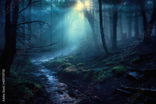 Dark fantasy forest landscape of creek with fog at dawn, Generative AI