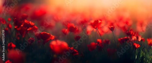 Field of red wildflowers at sunset closeup image. Countryside meadow panorama with red poppy flowers. Beautiful blurred scene, meadow with a carpet of flowers. AI generated illustration Generative AI