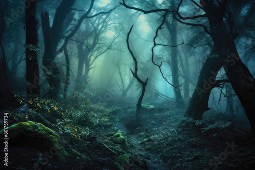 Dark fantasy forest landscape of path trail with fog  Generative AI