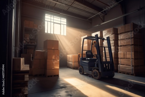 delivery sun box forklift distribution transportation warehouse logistic cargo storage. Generative AI.