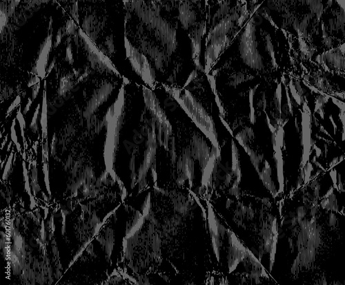 Realistic black crumpled paper texture. Background with distress grain. Old paper texture with grunge effect. Shabby pattern. Scratch, noise. Retro background for cover, banner. Vector