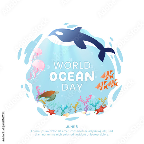 Square world ocean day background with illustration of ocean life