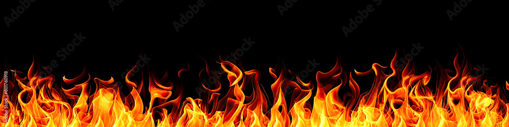 Fire flames on black background. Fire fiery background, red flames, sparks and waving white smoke on black background. Flaming effect with burning fire. Generative AI - obrazy, fototapety, plakaty 