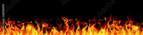 Fire flames on black background. Fire fiery background, red flames, sparks and waving white smoke on black background. Flaming effect with burning fire. Generative AI
