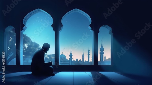 eid ul adha mubarak day background illustration, sillhouette of Muslim man sitting and holding Quran with view of mosque, Generative AI