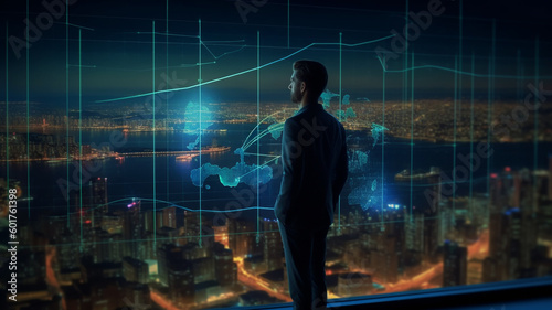 business investment growth management concept on virtual screens, a businessman is in front of a virtual screen. planning the future development of the data graph on the network structure of the busin