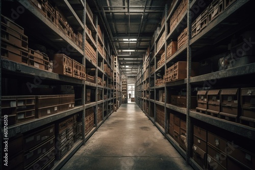 Industrial storage with tall shelving. Generative AI
