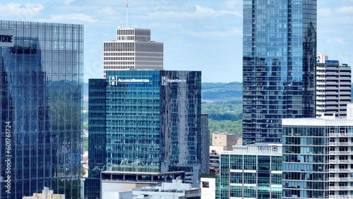 Nashville, Tennessee skyline with glass office tower architecture downtown in Country music capital