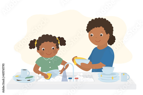 African american girl with mother washes the dishes. Little child helps her mom clean the kitchen. Sink with dirty dishes. Kitchen interior. House work together.