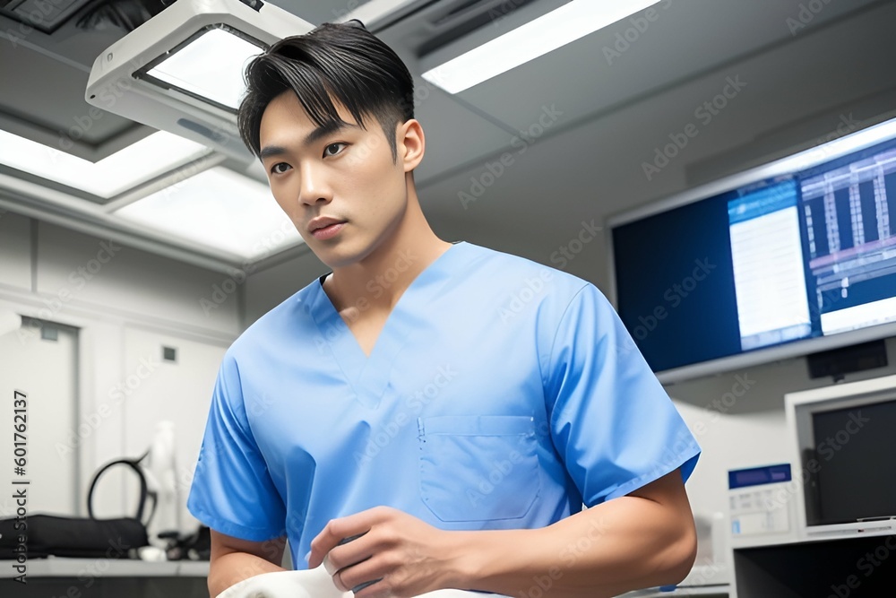 A young doctor of Asian appearance in a room with high-tech equipment in a hospital. Generative AI. A young doctor of Asian appearance in a room with high-tech equipment in a hospital. Generative AI.
